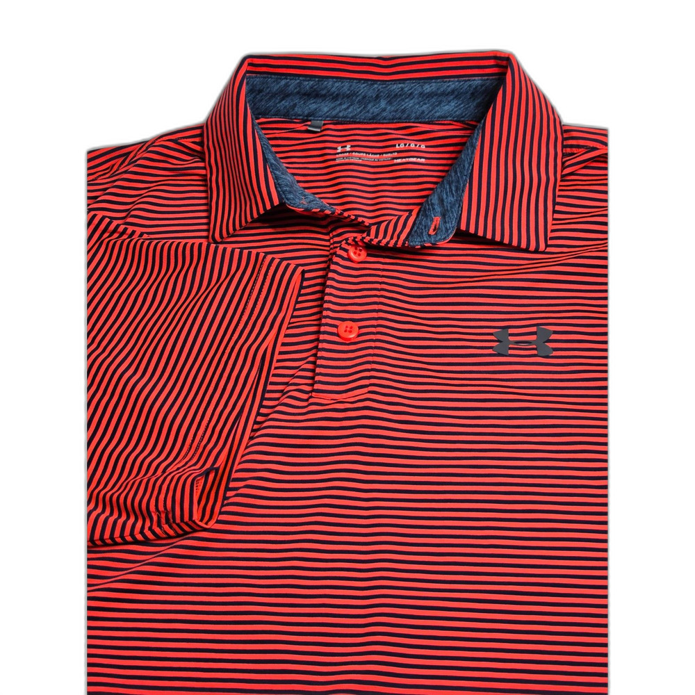 Under Armour Playoff Stripe Golf Polo Shirt | Men's Size L | Neon Coral & Black